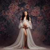 Langärmeliges perlenbesetztes spitzenbesetztes tüllverziertes Mutterschaft Fotografie Kleid RB10