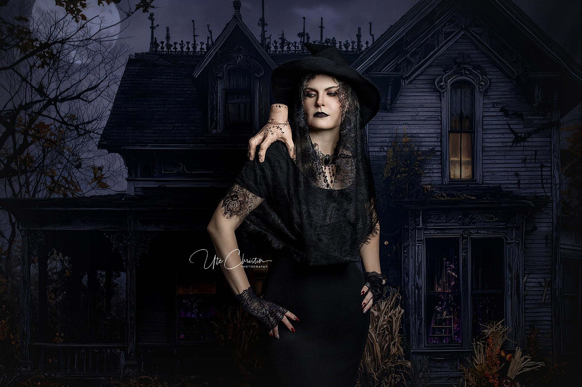 Halloween-Fotohintergrund Spukhaus Vollmondnacht Gruseliger Halloween-Fotohintergrund MRR9-38