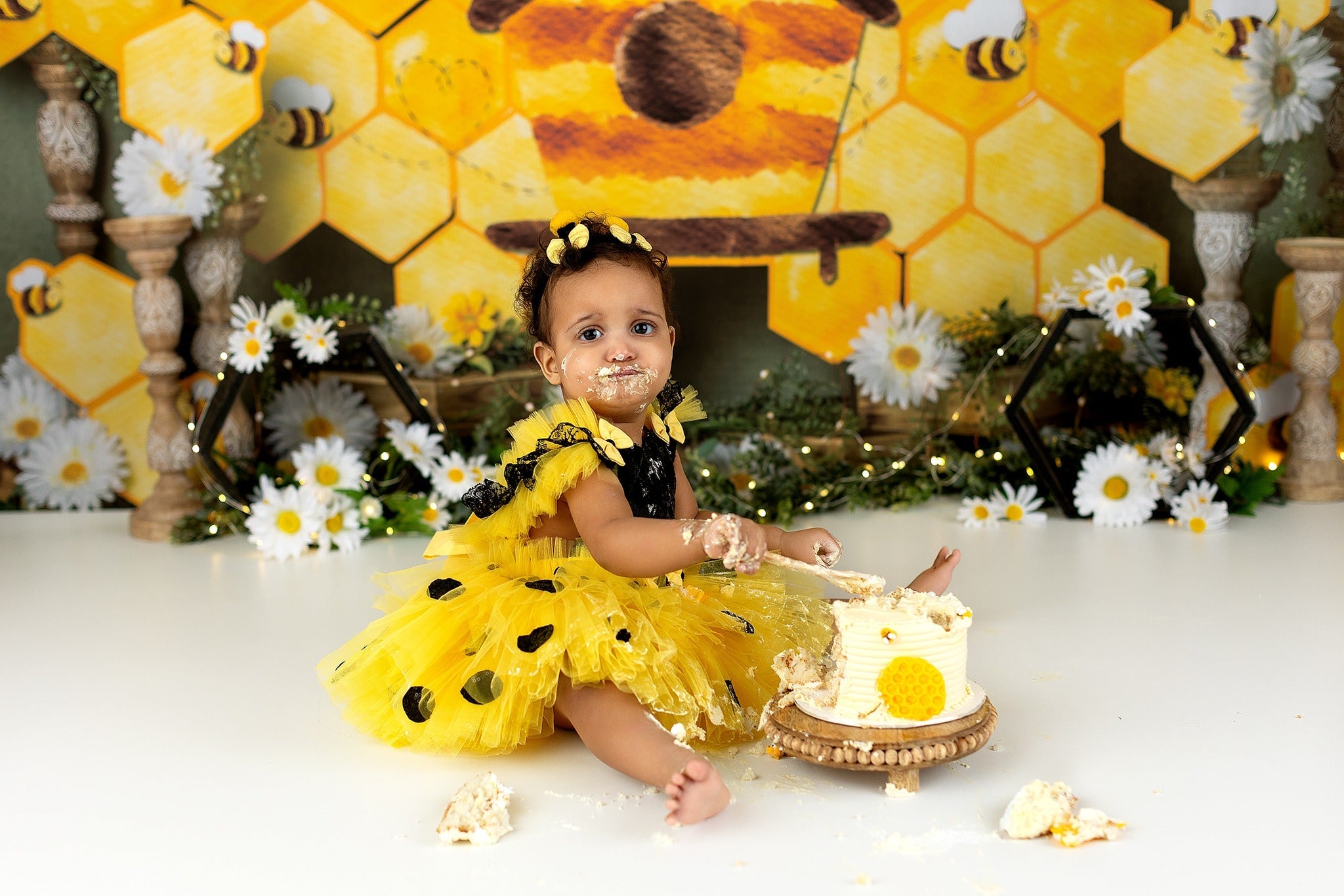 Fotohintergrund für Kinderfotos Wabenmuster Gänseblümchen Biene Cottage Display Fotohintergrund für Kinder MRR9-46
