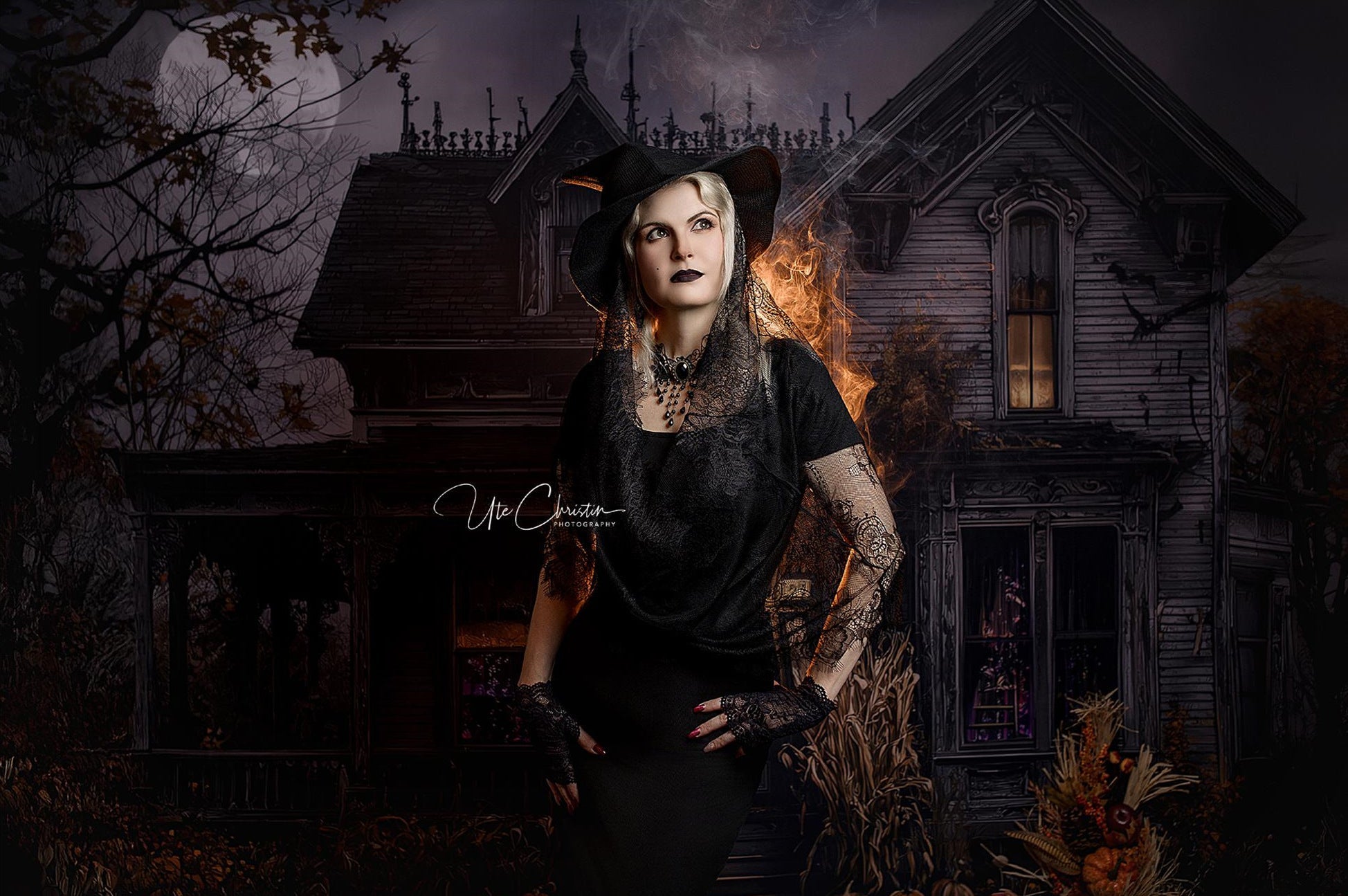 Halloween-Fotohintergrund Spukhaus Vollmondnacht Gruseliger Halloween-Fotohintergrund MRR9-38