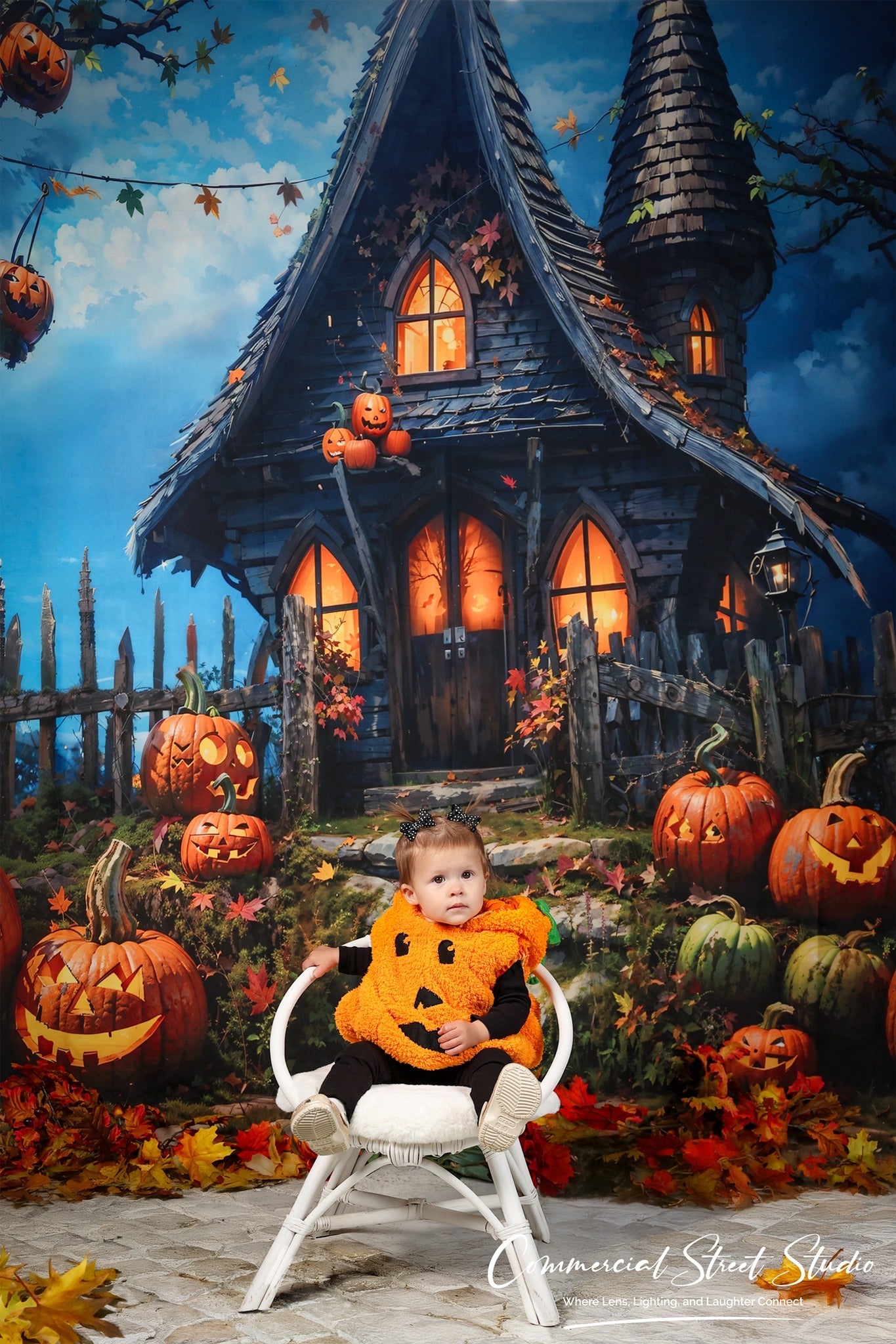 Halloween-Fotohintergrund Spukhaus mit Kürbissen Nacht Halloween-Fotohintergrund MRR9-68