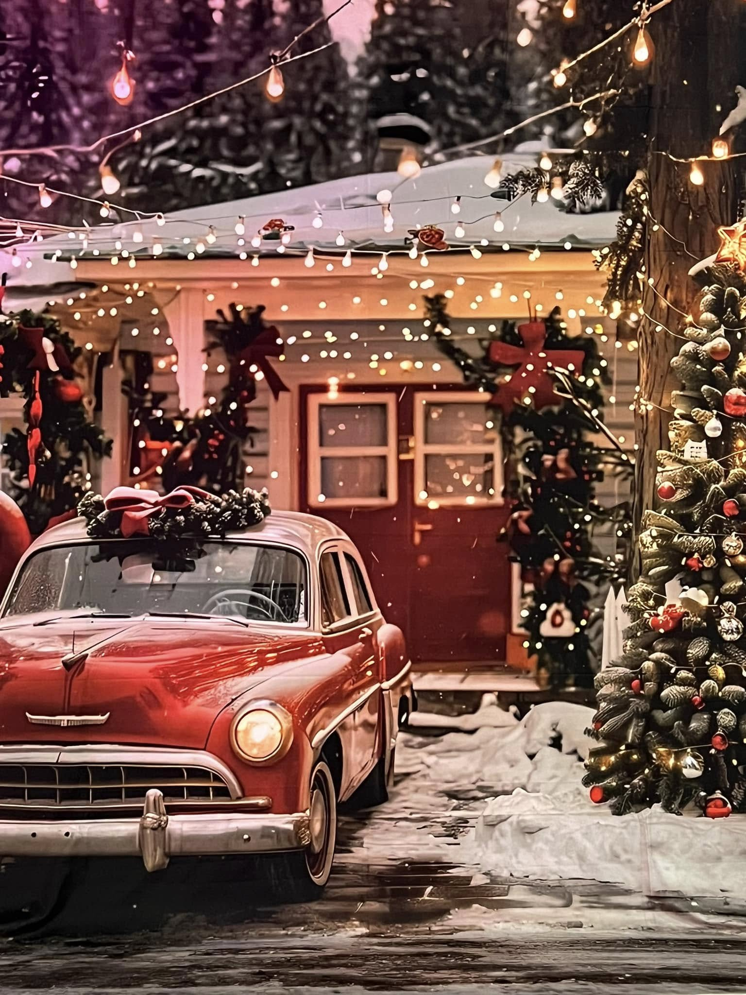 Weihnachtshaus mit rotem Oldtimer-Hintergrund BRP9-43