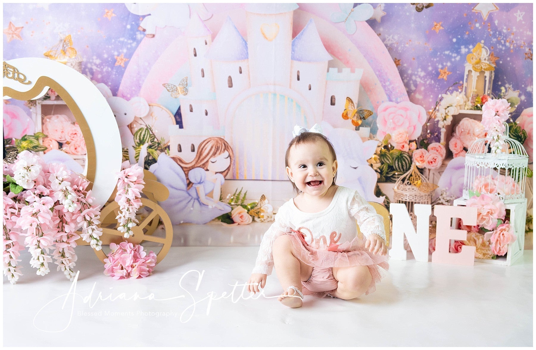 Prinzessinnenschloss-Fotohintergrund Verträumtes Pastell-Feenschloss Kinderhintergründe MRR9-126