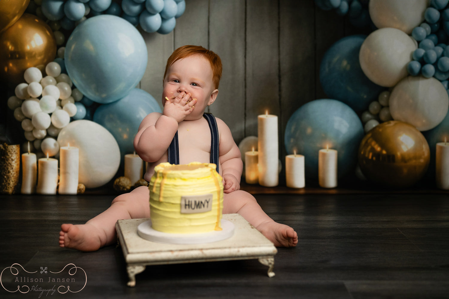 Kuchen-Smash-Fotohintergrund Blau-goldener Stern-Ballonbogen Geburtstags-Fotohintergrund MRR9-90