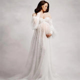Langärmeliges perlenbesetztes spitzenbesetztes tüllverziertes Mutterschaft Fotografie Kleid RB10
