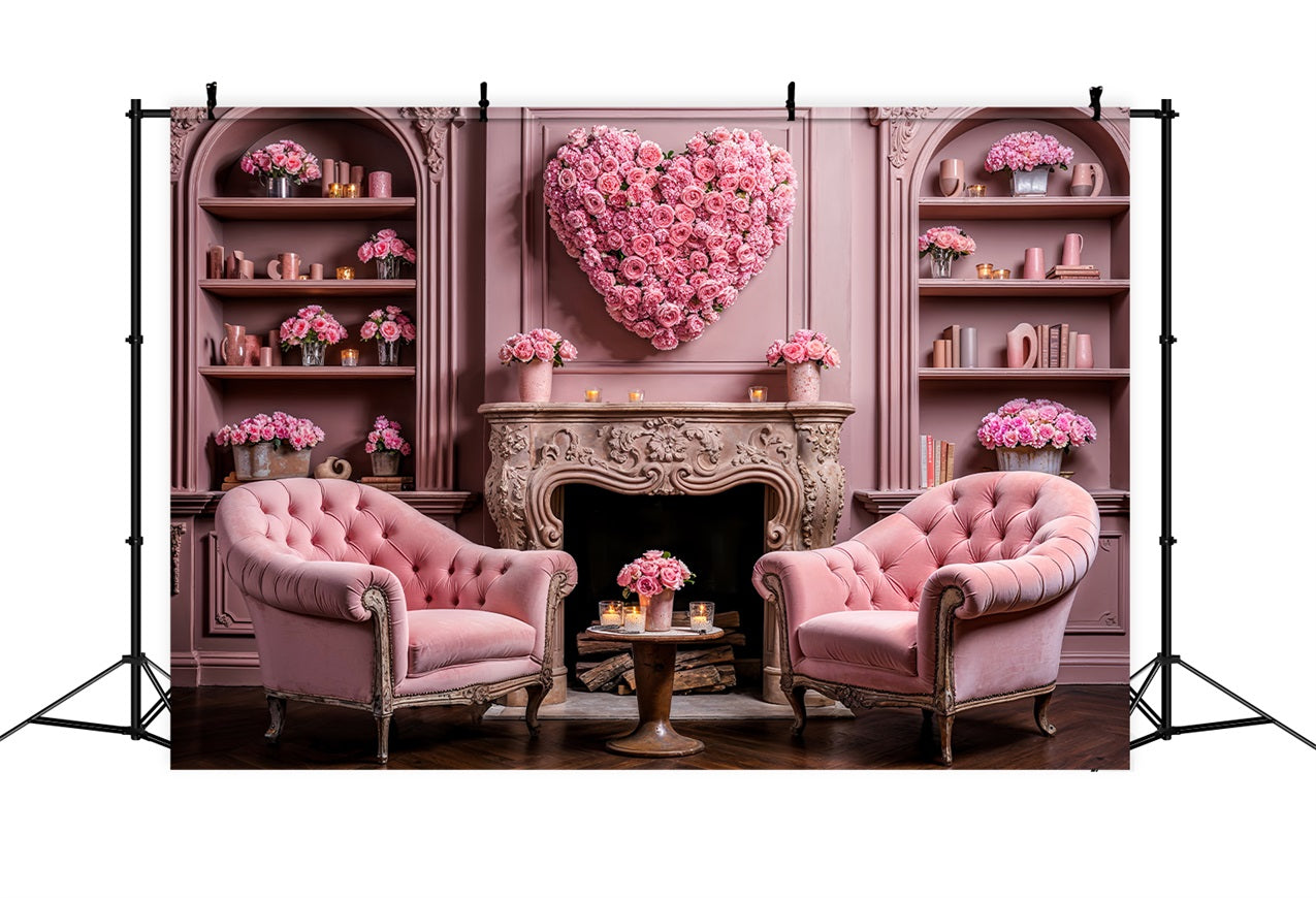 Valentinstag Fotokulisse Herz Blumen Stühle Kamin Kulisse BRP1-126