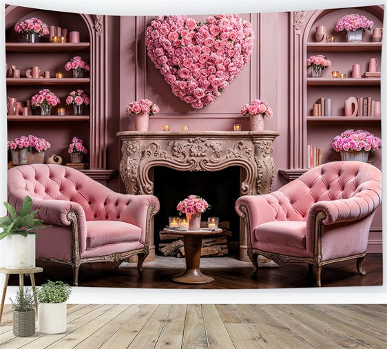 Valentinstag Fotokulisse Herz Blumen Stühle Kamin Kulisse BRP1-126