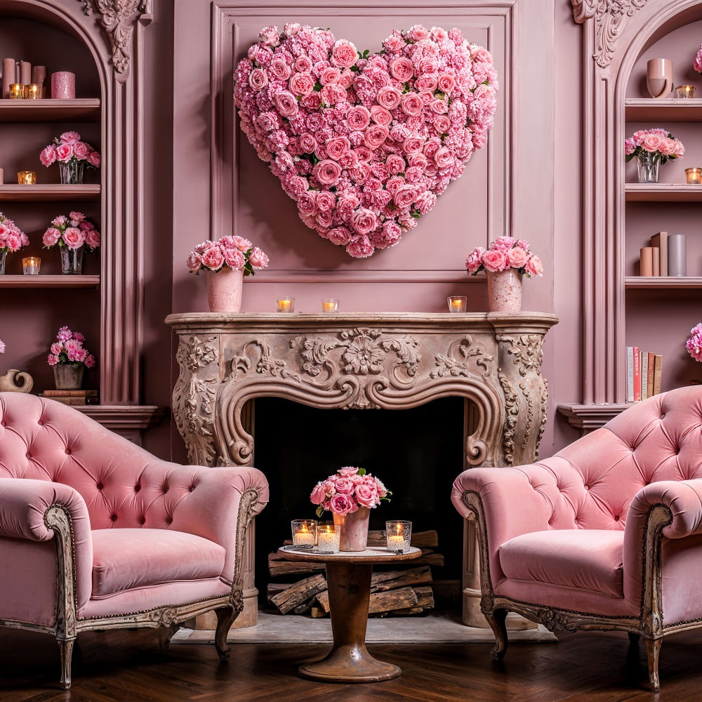 Valentinstag Fotokulisse Herz Blumen Stühle Kamin Kulisse BRP1-126