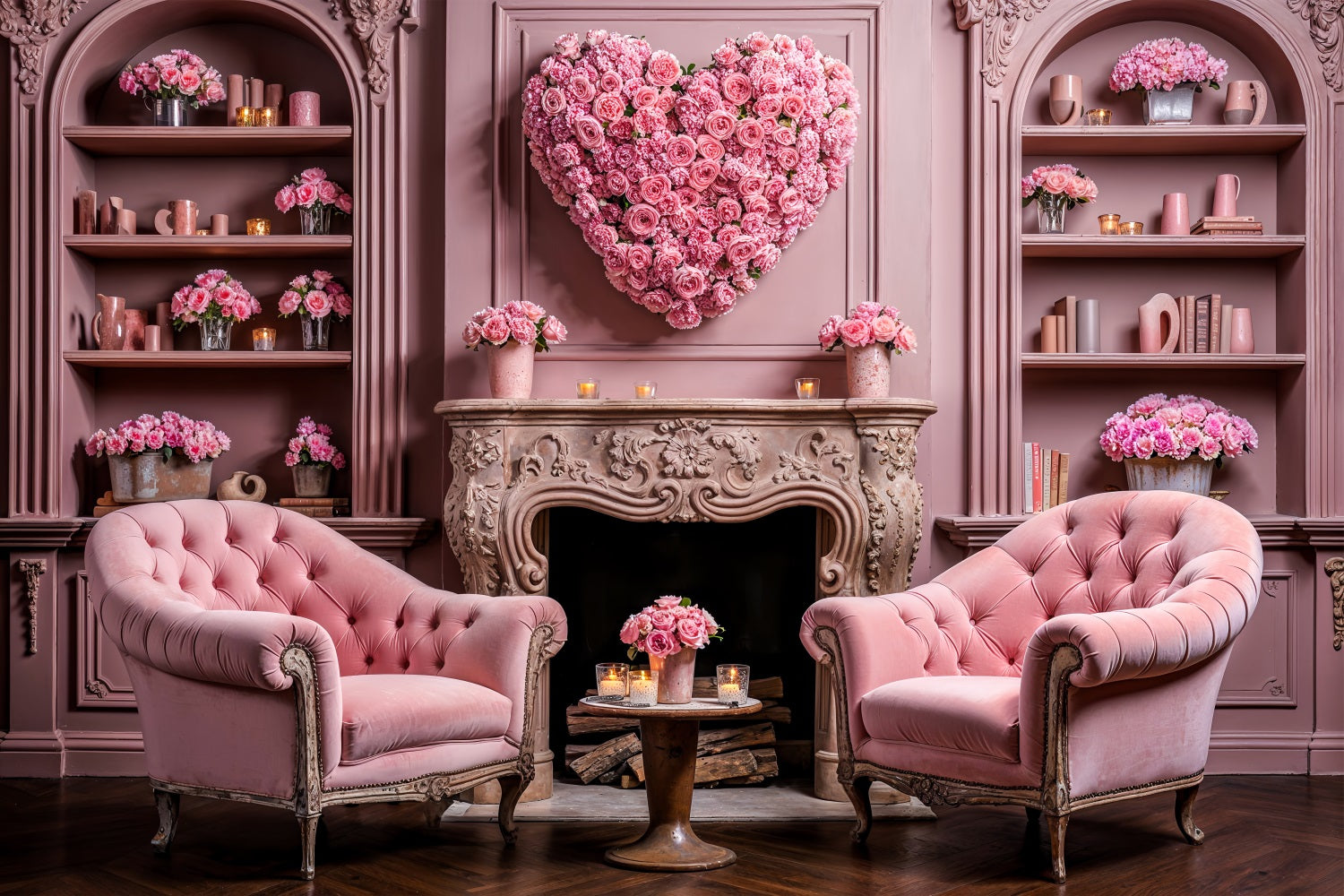 Valentinstag Fotokulisse Herz Blumen Stühle Kamin Kulisse BRP1-126