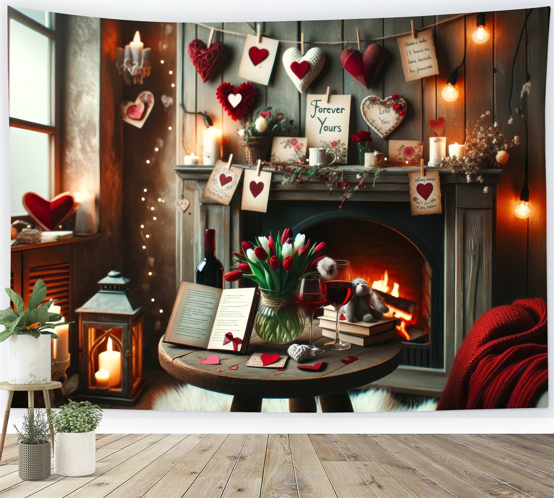 Backdrops Valentinstag Rustikaler Kamin Liebe Noten Hintergrund BRP1-135