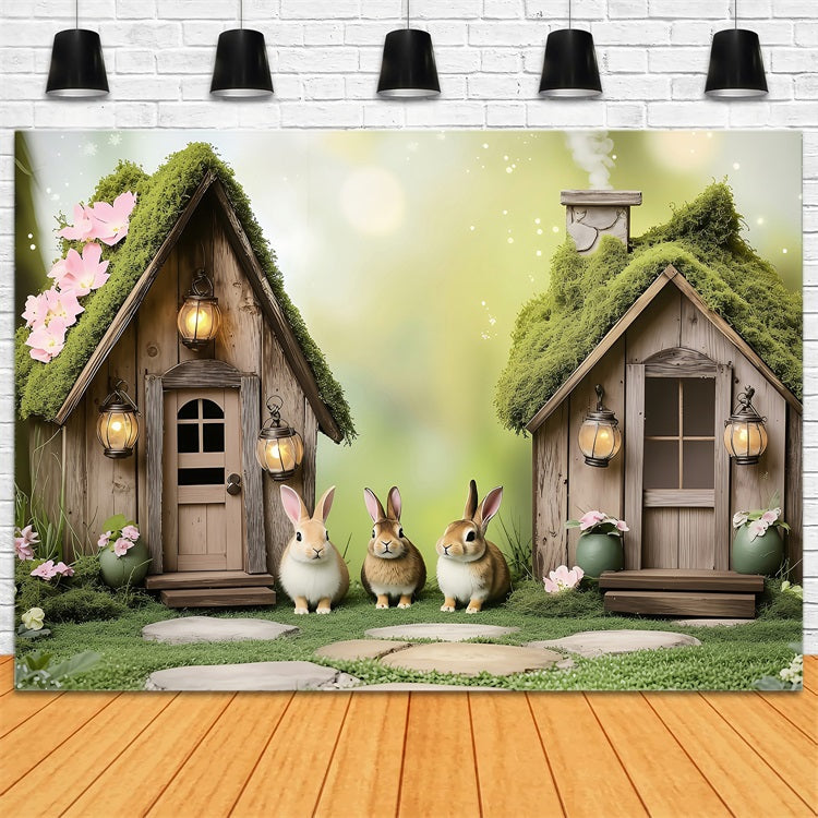 Ostern Backdrops Fotografie Verträumte Moos-bedeckte Hasenhäuser Backdrop BRP1-260