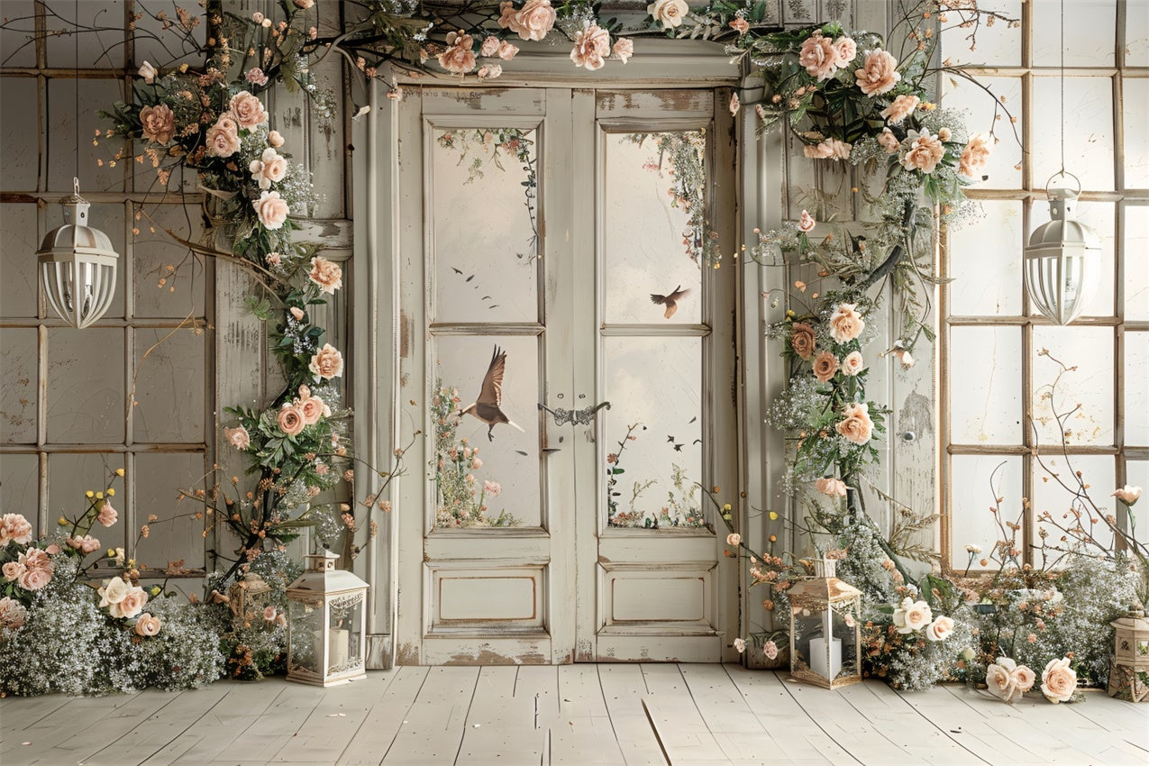 Blumen-Hintergrundkulisse Rustikale Blumen-Vogel-Fenster-Hintergrundkulisse BRP1-364