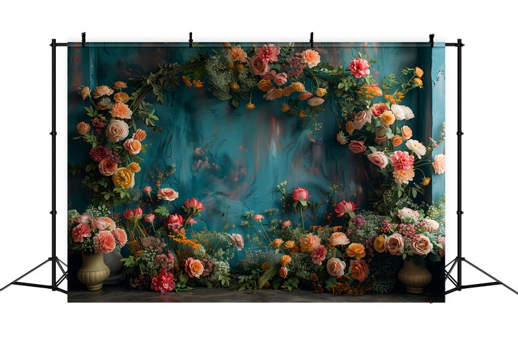 Floral Backdrops für Fotografie Vibrant Blooms Teal Backdrop BRP1-367