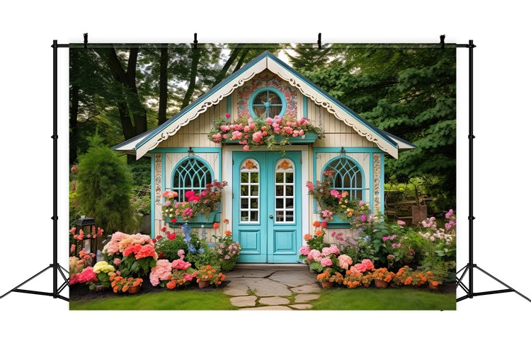 Blumen Fotokulisse Charming Blue Cottage Garden Fotokulisse BRP1-381