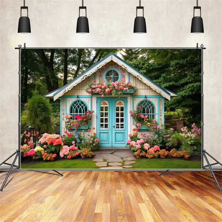 Blumen Fotokulisse Charming Blue Cottage Garden Fotokulisse BRP1-381