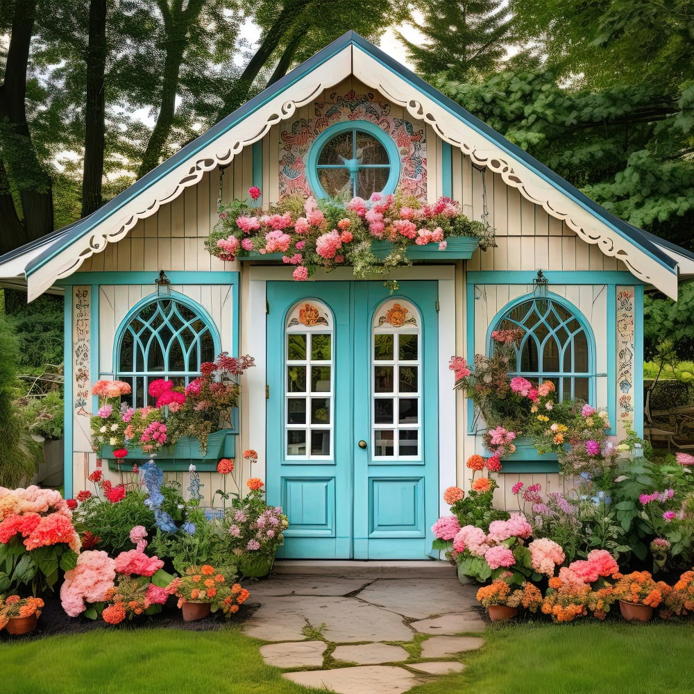 Blumen Fotokulisse Charming Blue Cottage Garden Fotokulisse BRP1-381
