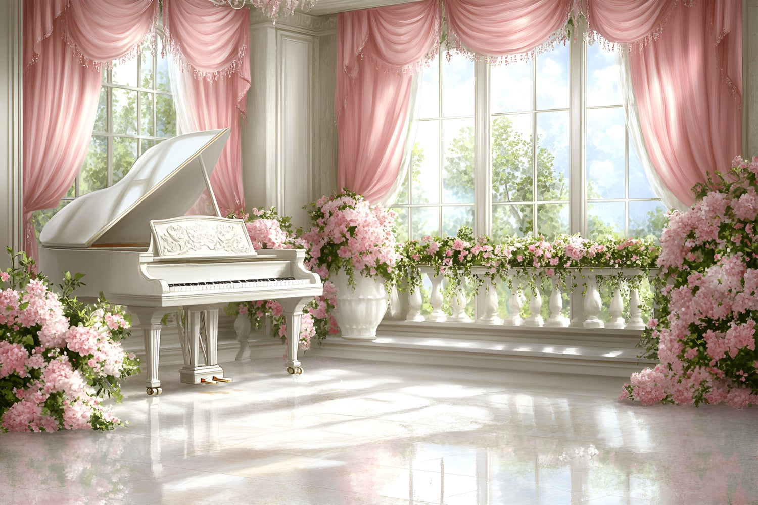 Boudoir-Hintergrundbilder Floral Klavier Fenster Szene Hintergrund BRP1-474