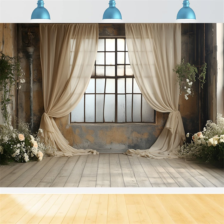 Boudoir Fotokulissen Beige Vorhänge Floral Fenster Hintergrund BRP1-488