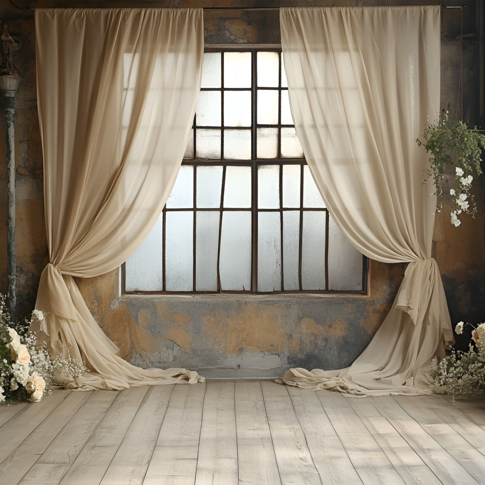 Boudoir Fotokulissen Beige Vorhänge Floral Fenster Hintergrund BRP1-488