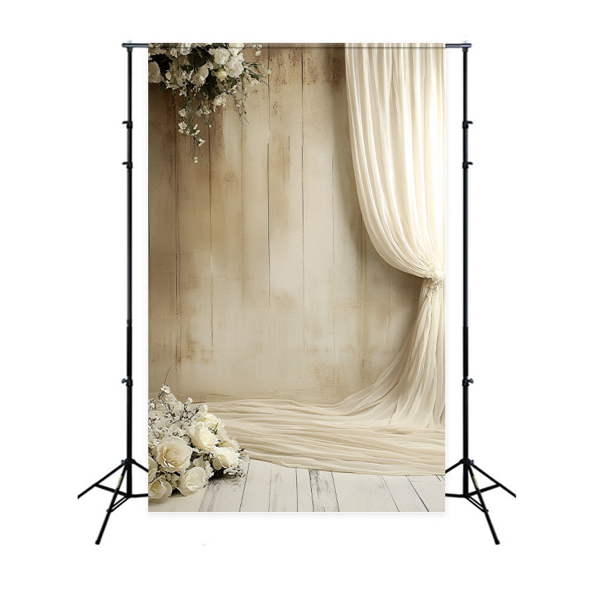 Boudoir Fotokulissen Weiße Rose Beige Vorhang Hintergrund BRP1-494