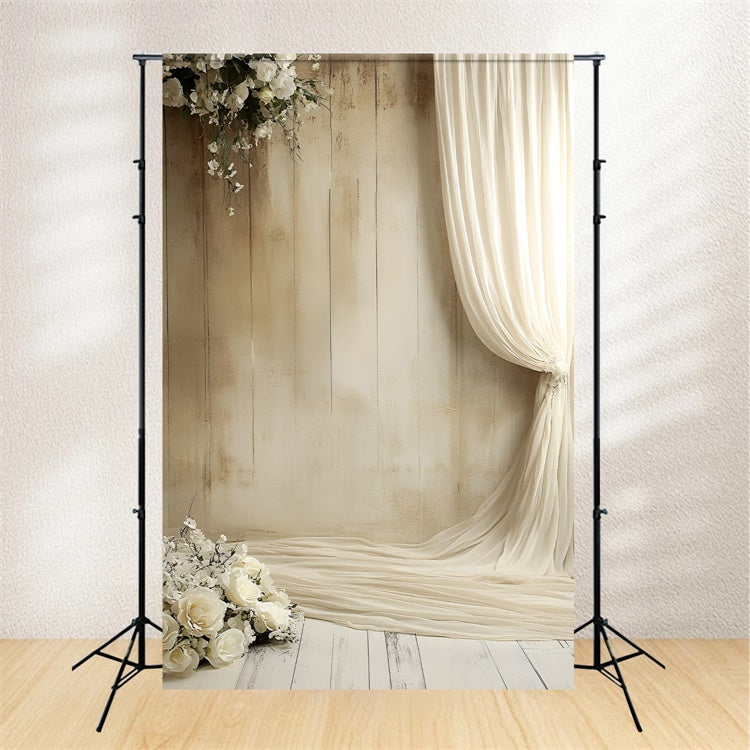 Boudoir Fotokulissen Weiße Rose Beige Vorhang Hintergrund BRP1-494