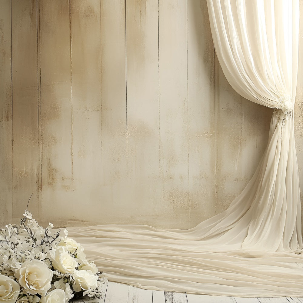 Boudoir Fotokulissen Weiße Rose Beige Vorhang Hintergrund BRP1-494