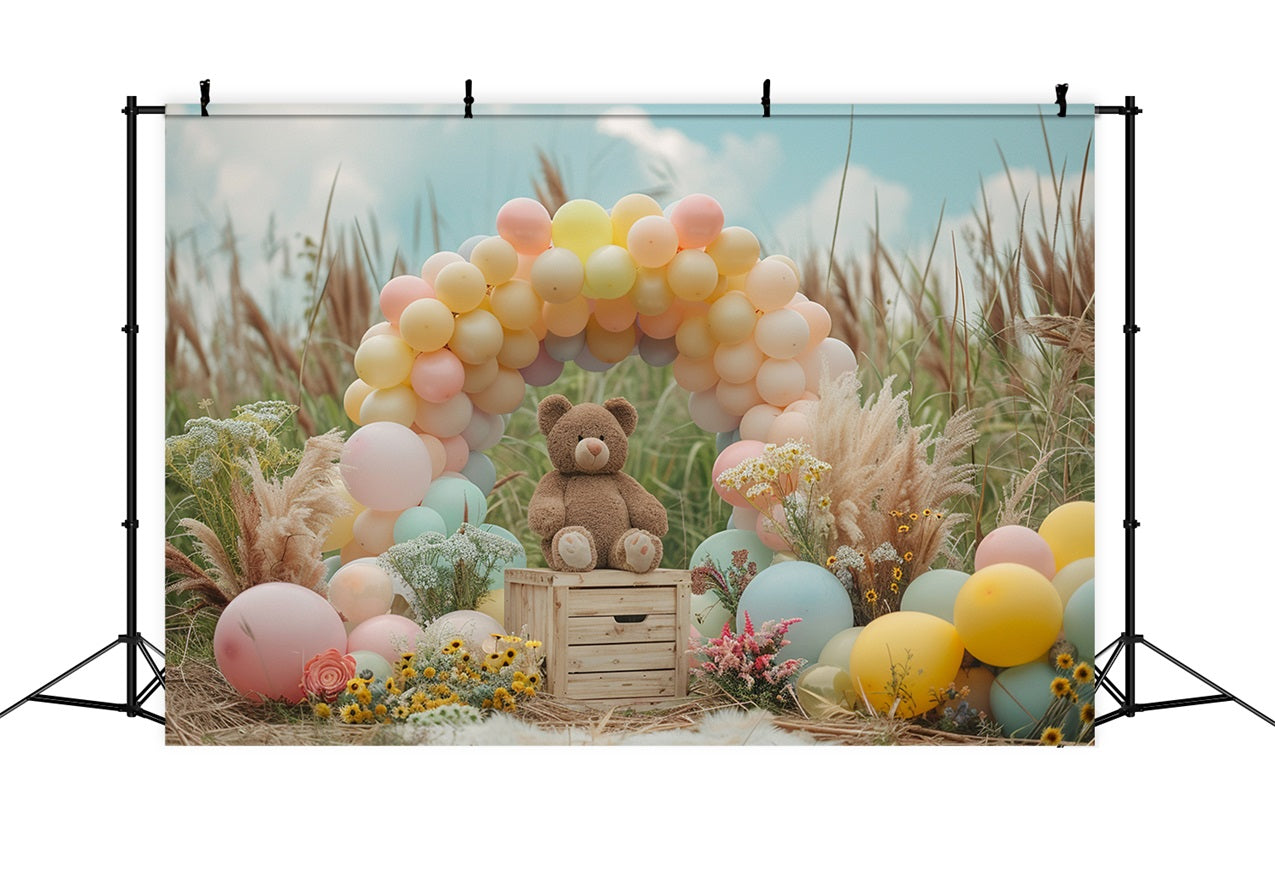 Pastellfarbener Ballonbogen Teddybär Boho-Hintergrund BRP10-107