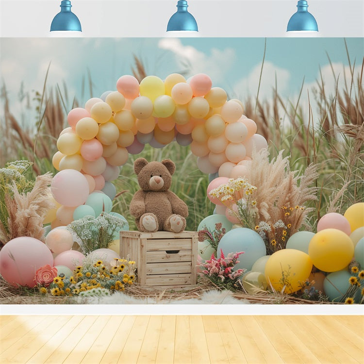 Pastellfarbener Ballonbogen Teddybär Boho-Hintergrund BRP10-107