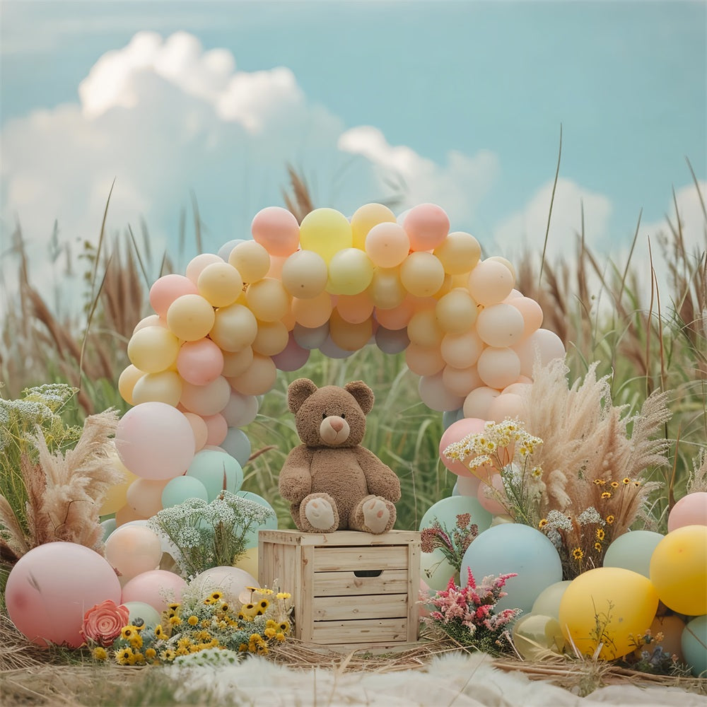 Pastellfarbener Ballonbogen Teddybär Boho-Hintergrund BRP10-107