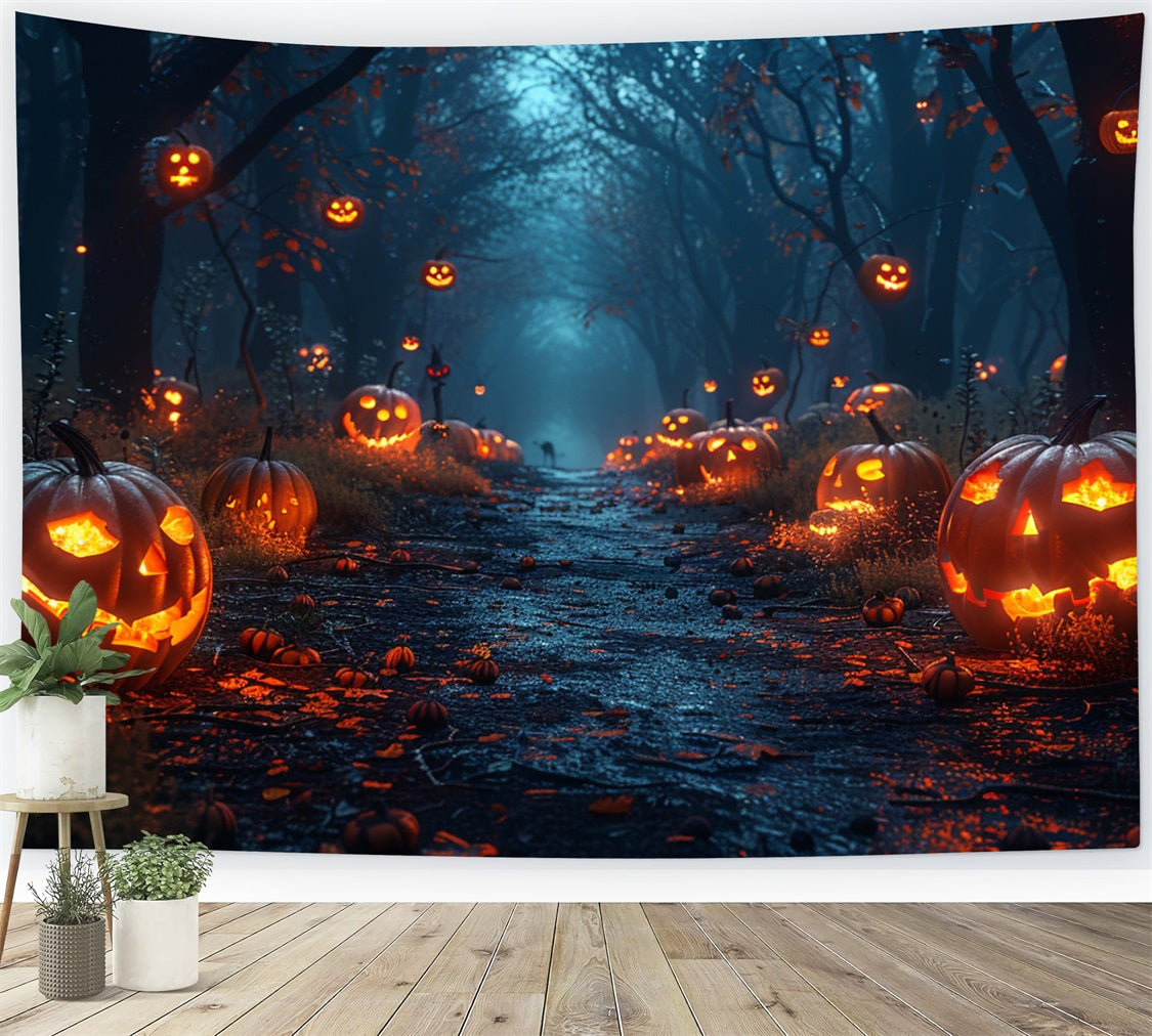Halloween Hintergrund Fotografie Geisterhafter Waldweg Kürbisse Hintergrund BRP10-165