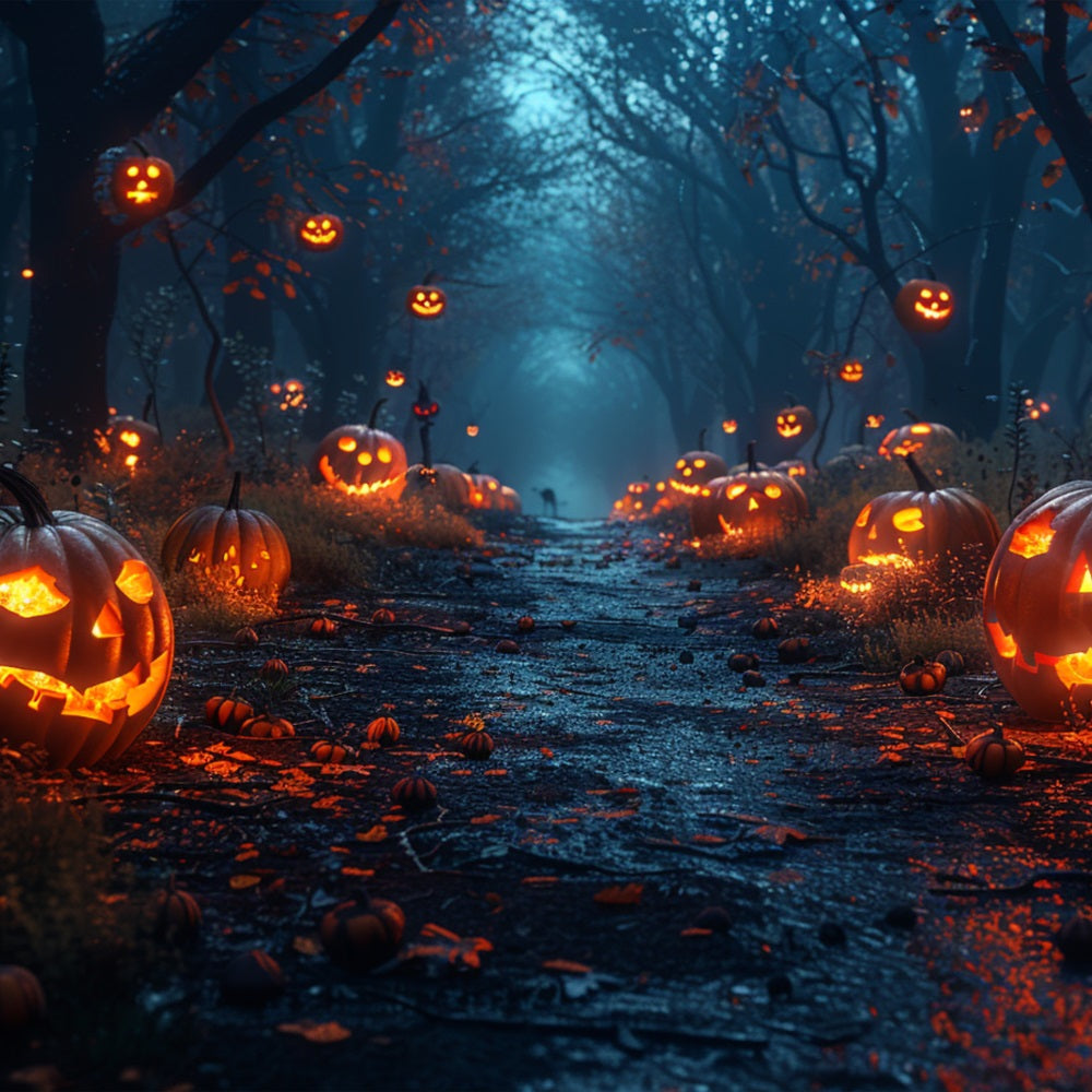 Halloween Hintergrund Fotografie Geisterhafter Waldweg Kürbisse Hintergrund BRP10-165