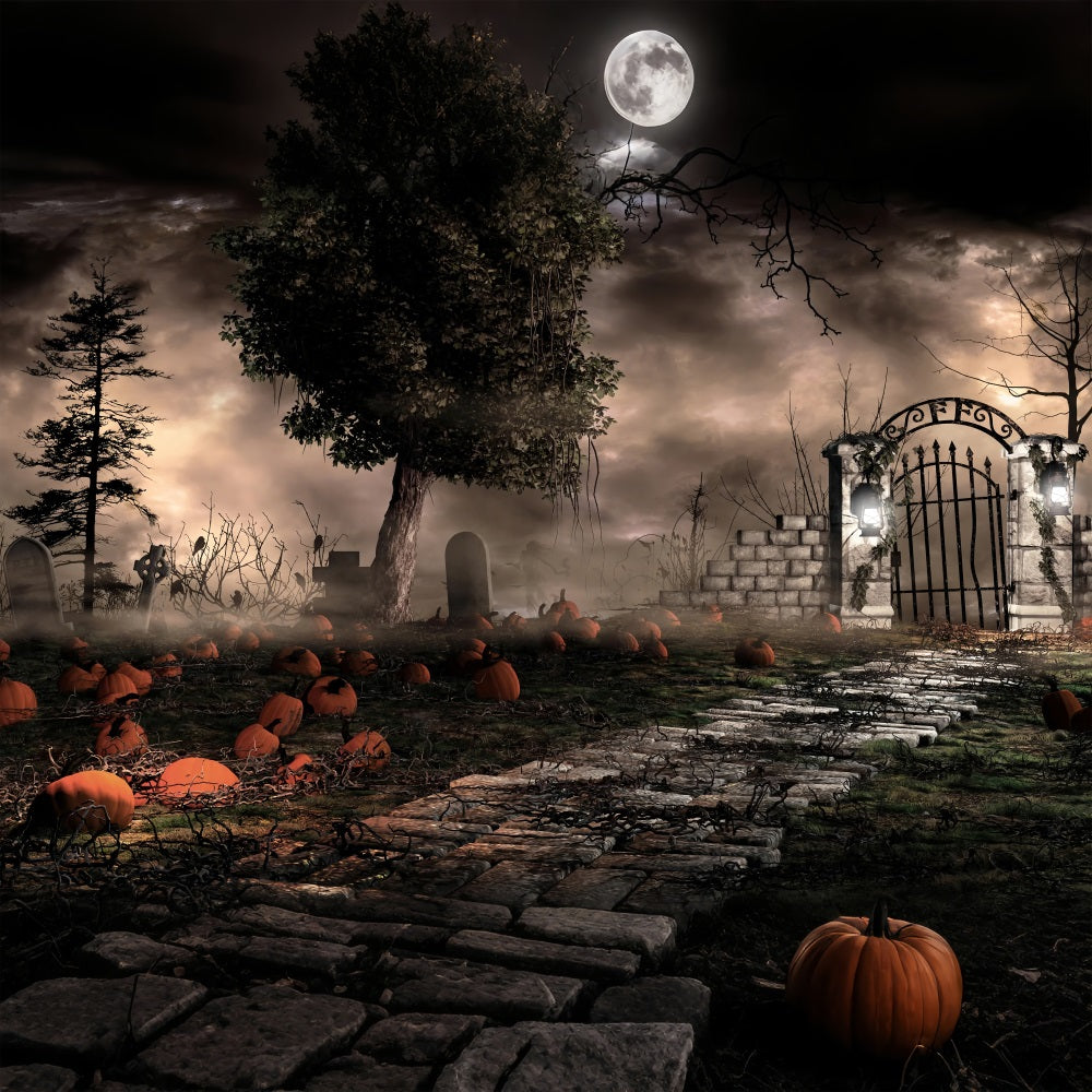 Halloween Hintergrund Fotografie Spooky Graveyard Kürbisse Nebel Hintergrund BRP10-174