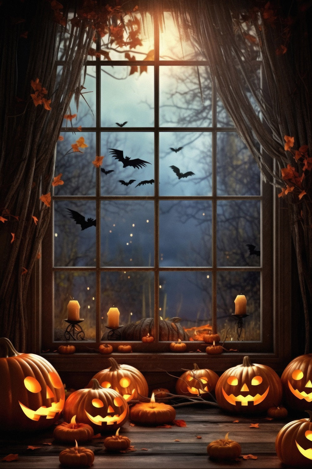 Gruselige Halloween-Fotokulisse Fledermäuse Geisterfenster Hintergrund BRP10-200