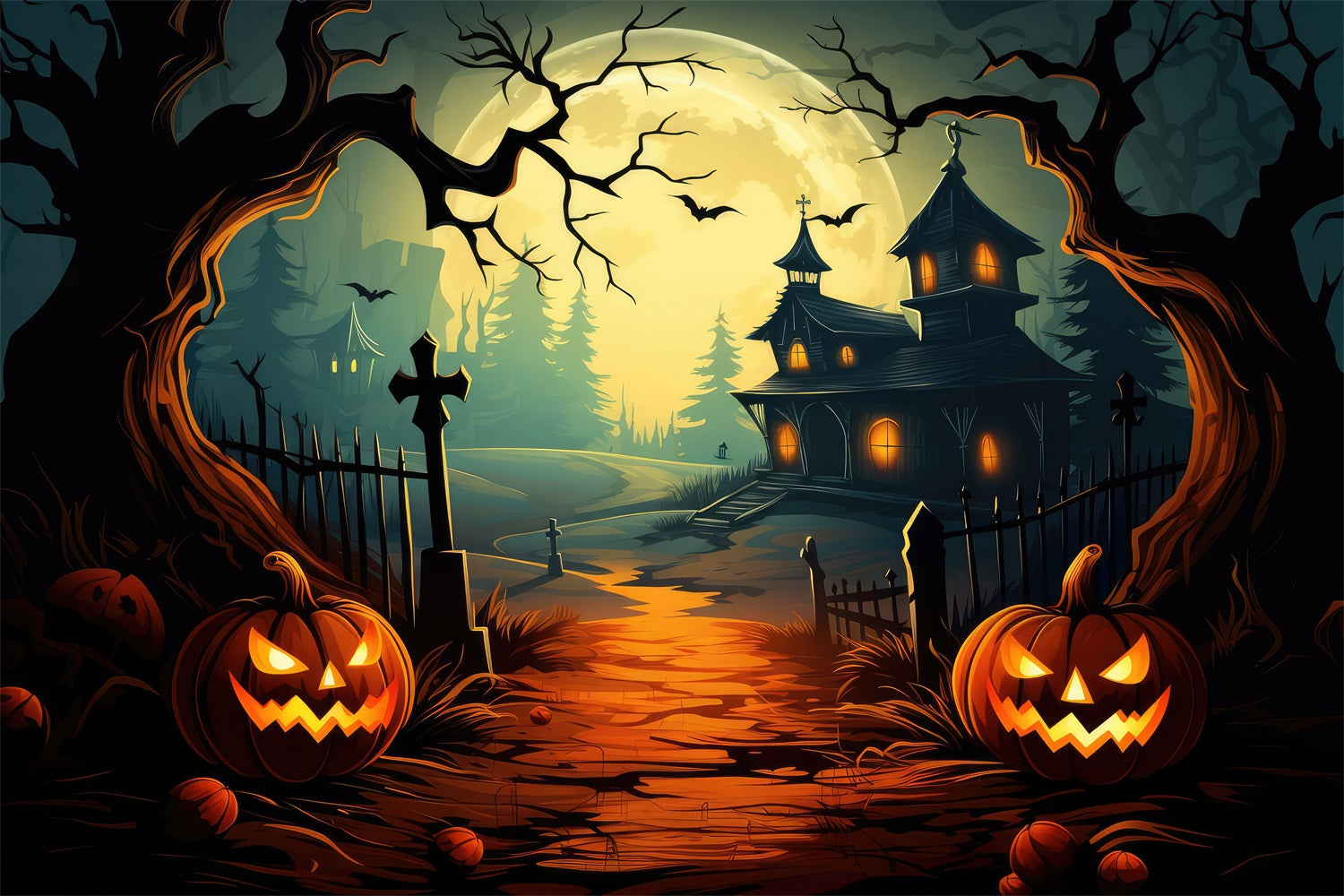 Halloween Spukhaus Pfad Kürbisse Mond Hintergrund BRP10-206