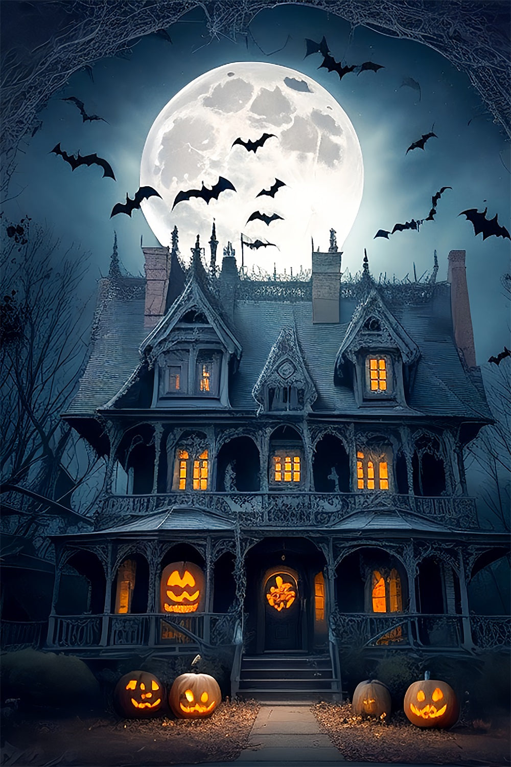 Halloweenkulisse Vollmond Gothic Mansion Fledermäuse Hintergrund BRP10-222