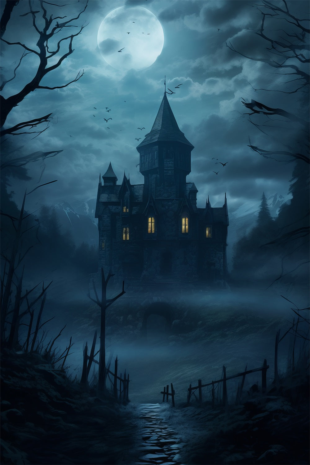 Fotografie Hintergrund Halloween Nebelige Nacht Gespenstische Burg Hintergrund BRP10-226