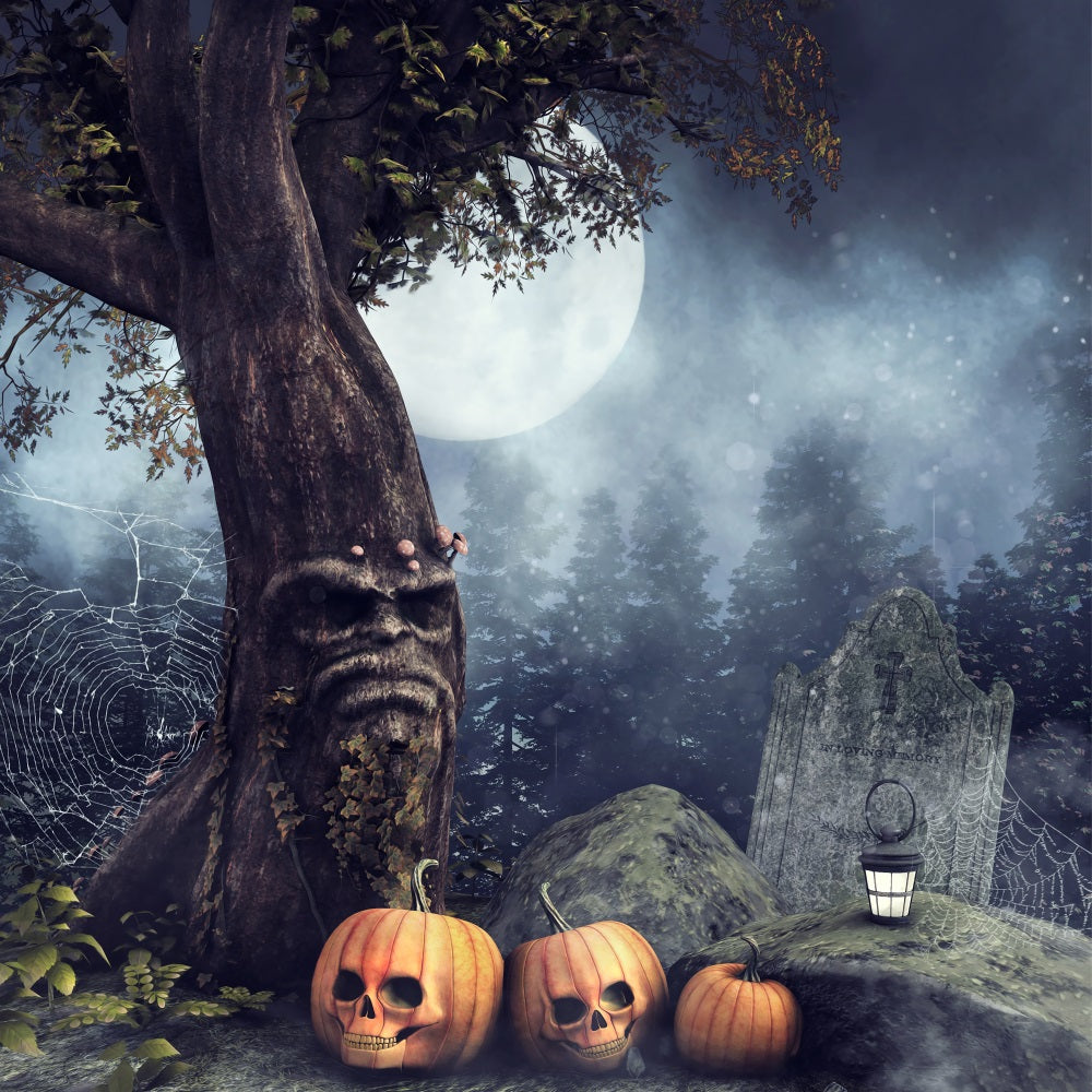 Halloween Friedhof Hintergrund Baum Schädel Kürbisse Hintergrund BRP10-227