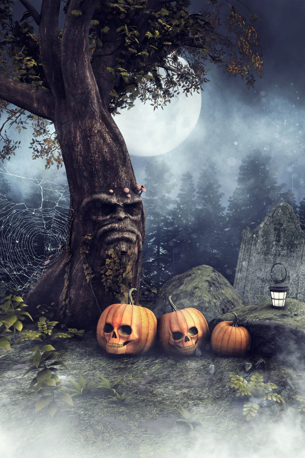 Halloween Friedhof Hintergrund Baum Schädel Kürbisse Hintergrund BRP10-227