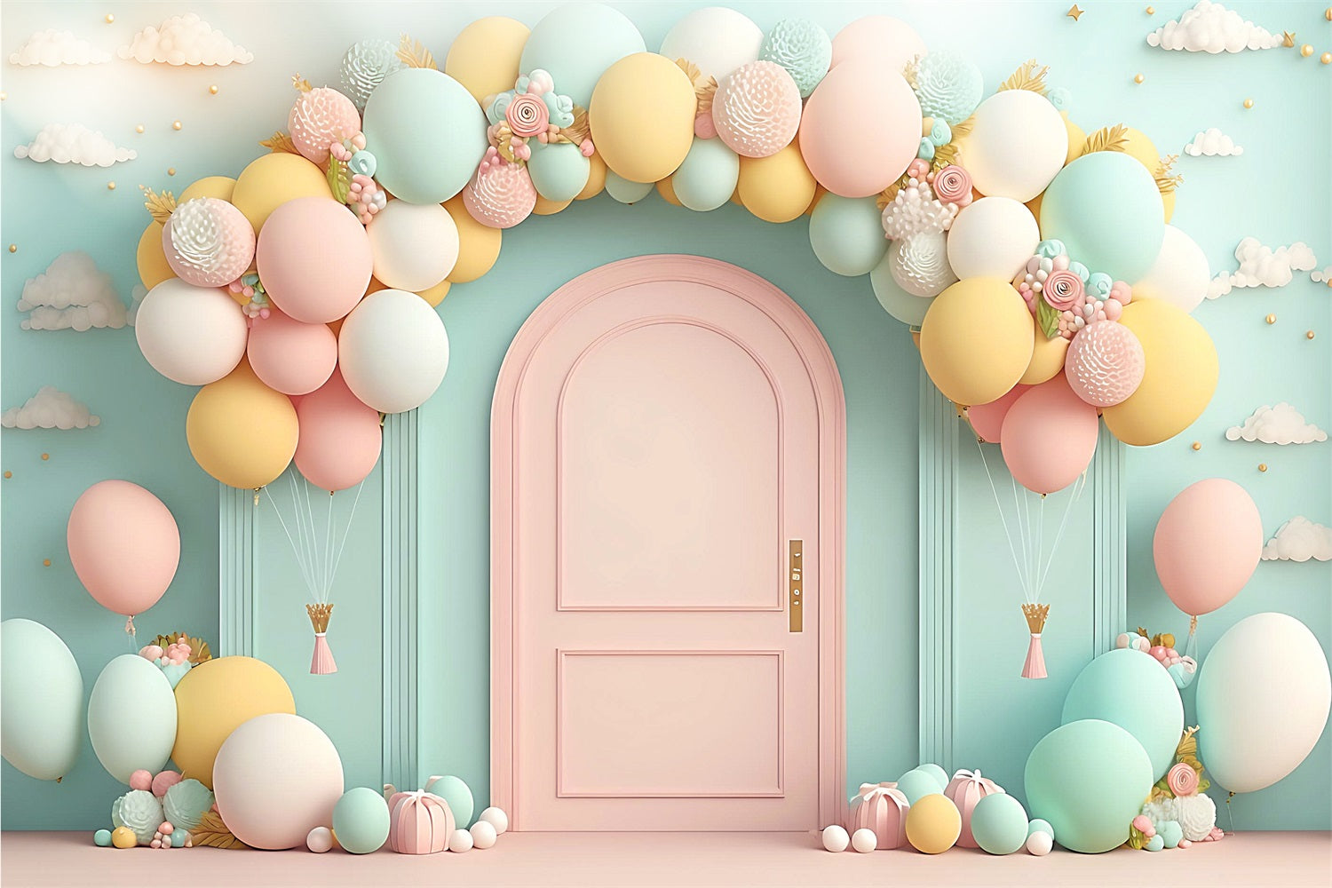 Happy Birthday Hintergrund Ballonbogen Rosa Tür Hintergrund BRP10-347