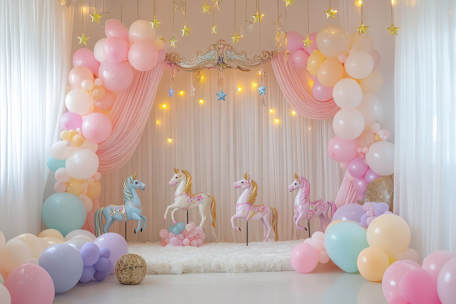 Geburtstag Hintergrund Design Einhorn Luftballons Karussell Kulisse BRP10-357
