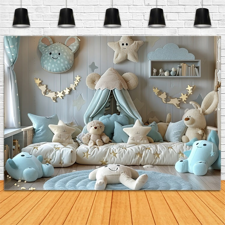 Gemütlicher blauer Teddybär Boho-Hintergrund BRP10-97