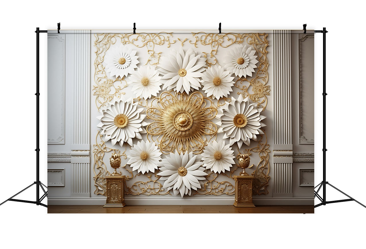 Boho-Luxus-Wandhintergrund mit weiß-goldenen Blumen BRP10-98