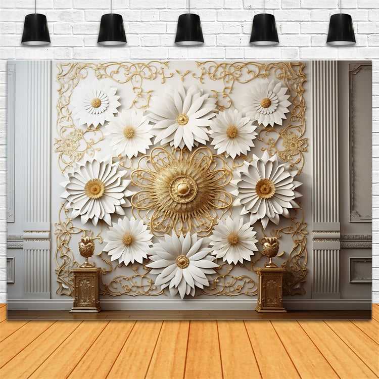 Boho-Luxus-Wandhintergrund mit weiß-goldenen Blumen BRP10-98