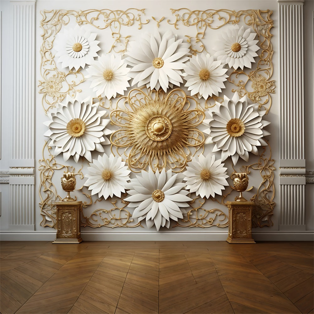 Boho-Luxus-Wandhintergrund mit weiß-goldenen Blumen BRP10-98