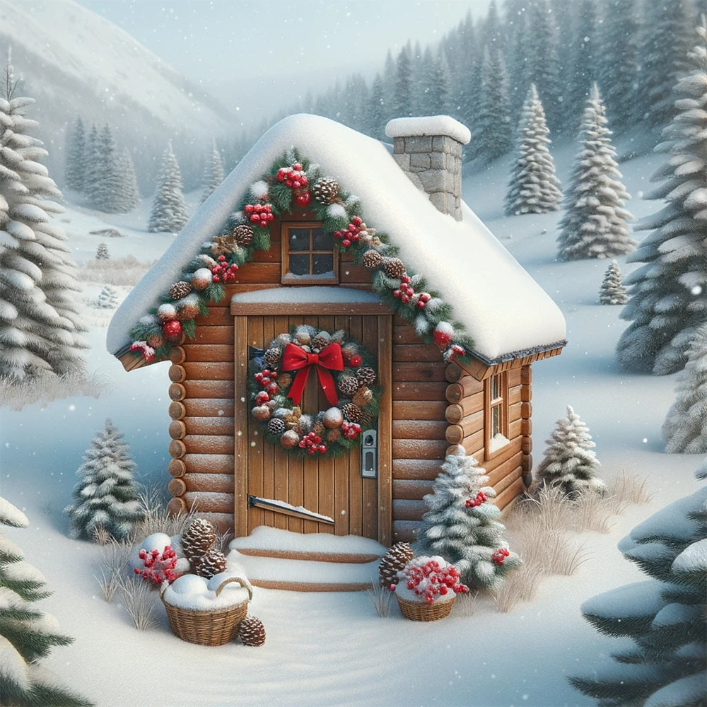 Backdrop Weihnachten Schneegestäubte Hütte Lebendiger Kranz Backdrop BRP11-157