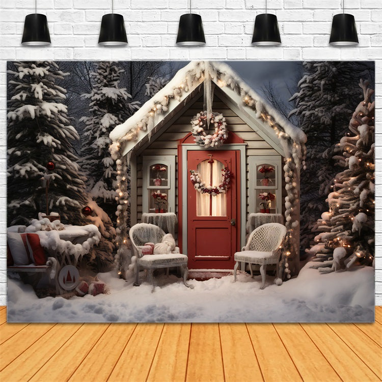 Weihnachten Hintergrund verschneite Hütte Veranda Hintergrund BRP11-169