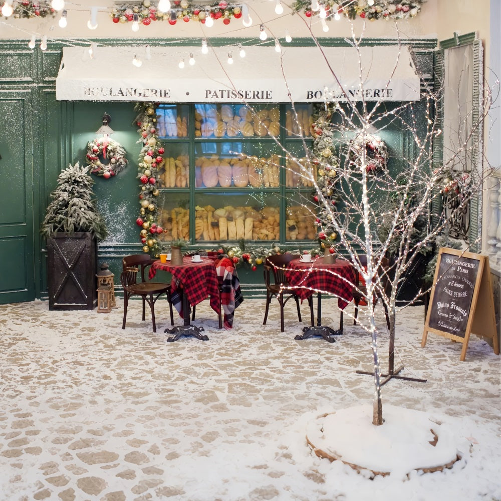 Weihnachtsbaum Backdrops Schneebedeckte Boulangerie Lichter Backdrop BRP11-201