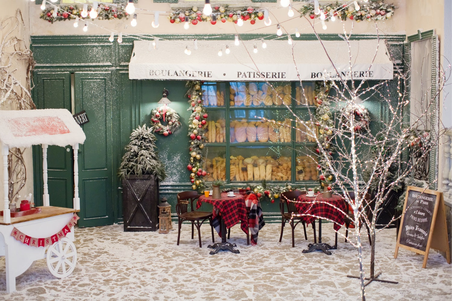 Weihnachtsbaum Backdrops Schneebedeckte Boulangerie Lichter Backdrop BRP11-201