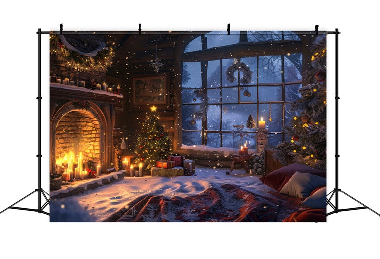 Weihnachtskamin Fotokulisse Kerzenbeleuchtetes Winterfenster Kulisse BRP11-213