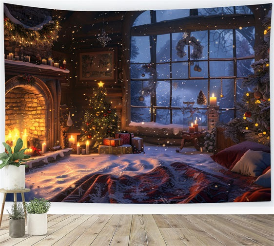 Weihnachtskamin Fotokulisse Kerzenbeleuchtetes Winterfenster Kulisse BRP11-213